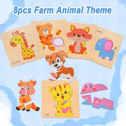 8pcs Wooden Puzzles for Toddlers 2 3 4, Toddler Puzzles Ages 1 2 3 4 - style: Zoo Animals
