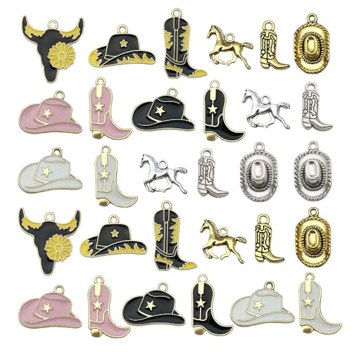 30pcs Western Cowboy Charms for Jewelry Making Alloy Boot Gun Cowboy Boot Hat Horse Cactus Charms Pendants for Necklace Earrings Bracelet Keychain Father's Day Gifts DIY Craft Findings (SN1042) - color: Black White Pink Charms
