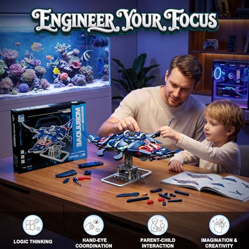 Mechanical Manta Ray Ocean Construction Toy Building Block Set, 1003 Pcs Movable Wings LED Lights, Compatible with Lego, Toys Christmas Birthday Gifts for Boys Teens Ages 8-12 & Adults - size: MANTA RAY
