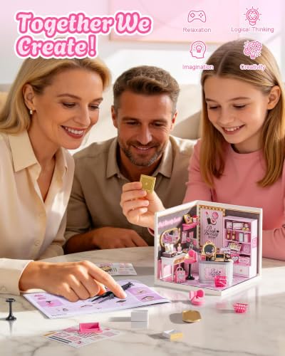 Rolife Super Creator Pink Beauty Secret DIY Miniature House Kit - No Glue Plastic Click-Assembly Dollhouse with Type-C LED Light - Stackable Room Box Toy for Adults and Teens (115 PCS)