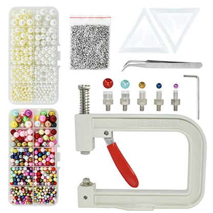 5400pcs Pearl Beads Hand Press Pearl Setting Tool Set, Beads Rivet Fixing Machine, DIY Handmade Pearl Setting Machine with Beads Nails Screw Heads Tweezers Wrench Trays for DIY Crafts Accessories