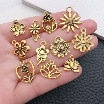 WOCRAFT 60pcs Antique Gold Flowers Bracelet Charms for Jewelry Making Sets DIY Necklace Bracelet Keychain Crafting Charms Kit Craft Supplies (SN876) - color: Antique Gold, size: Flowers Charms