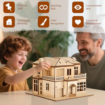 3D Wooden Puzzle for Adults, DIY Miniature Villa House Building Two Layer - color: Villa House Wood Color 04