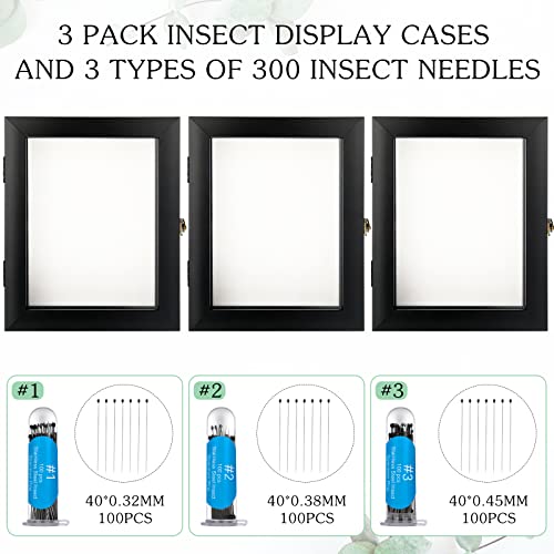 3 Pcs Insect Display Case Wall Mount Clear Bug Display Case Collection Box with Anti Fade UV Protection Top Eva Foam Pin 300 Pcs and 3 Sizes Pins Insect Shadow Box for Butterfly Specimen