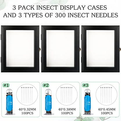 3 Pcs Insect Display Case Wall Mount Clear Bug Display Case Collection Box with Anti Fade UV Protection Top Eva Foam Pin 300 Pcs and 3 Sizes Pins Insect Shadow Box for Butterfly Specimen