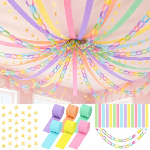 1000 Sheet Macaron Paper Chain Strips and 65 ft Gold Star Garland Set - color: Macaron-1000Pc