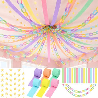 1000 Sheet Macaron Paper Chain Strips and 65 ft Gold Star Garland Set - color: Macaron-1000Pc
