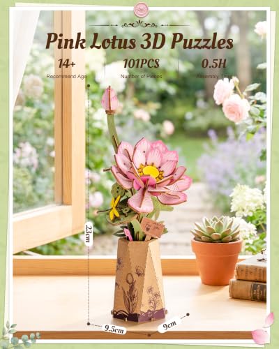 3D Flower Wooden Puzzle for Adults-Pink Lotus, DIY Wooden Flowers - style: TW - Lotus