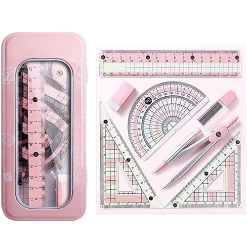8 Pcs Pink Geometry Set Cute Compass Set with Maths Protractor Rulers, Math Set for Drawing Measuring Tools, Kawaii Ruler Kit for Class Women Girls School Supplies (Pink) - color: Pink