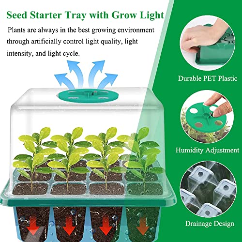 Seed Starter Tray Seedling Kits with Grow Light, 3-Pack Plant Germination Set with Adjustable Humidity Dome and Base Greenhouse Grow Trays for Seeds Growing Starting (12 Cells per Tray)