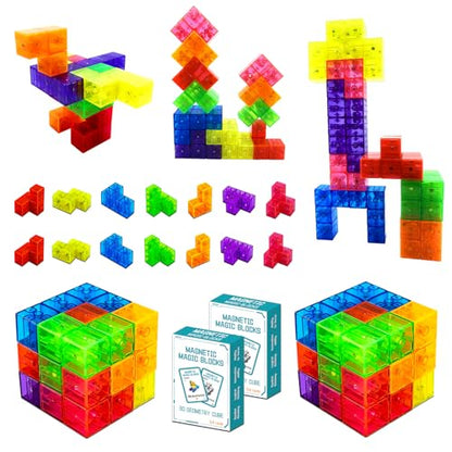Kids Magnetic Building Blocks Magic Magnetic 3D Puzzle Cubes Set of 14 Multi Shapes with 108 Guide Cards, Parent-Child Interactive Children's Educational Toys - color: 14color