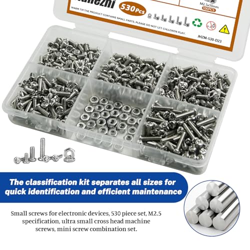 530Pcs 304 Stainless Steel Metric Micro Screws Nuts Assortment, M2.5x4/5/6/8/10mm Sizes, Phillips Pan Head, Fully Threaded Kit for Arduino, RC Models, Electronics, DIY Projects - size: M2.5x4/5/6/8/10- 530 Pcs