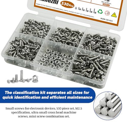 530Pcs 304 Stainless Steel Metric Micro Screws Nuts Assortment, M2.5x4/5/6/8/10mm Sizes, Phillips Pan Head, Fully Threaded Kit for Arduino, RC Models, Electronics, DIY Projects - size: M2.5x4/5/6/8/10- 530 Pcs