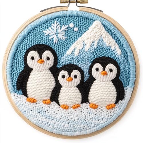 DIY Punch Needle Kits Penguins Family Snow Mountain with Hoop 20x20cm-3 - color: 26-Penguin