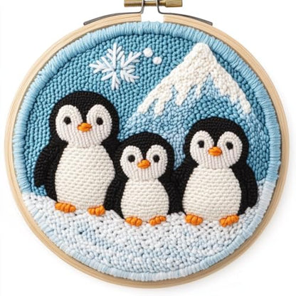 DIY Punch Needle Kits Penguins Family Snow Mountain with Hoop 20x20cm-3 - color: 26-Penguin