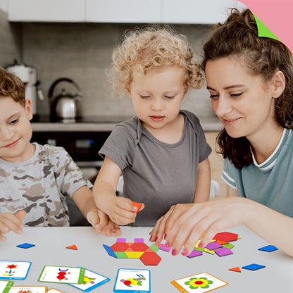 215 PCS Wooden Pattern Blocks Set, 24 Double-Sided Design Cards Pattern Building Shapes Educational Geometric Shape Puzzle Fun Tangram Montessori Learning Toys for Kids Ages 4-8 (A Storage Bag) - style: 215 Pcs Blocks Set