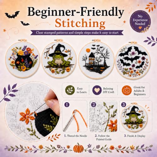 vadeny Halloween Embroidery Cross Stitch Kit for Beginners Adults Gothic Needlepoint DIY Craft Frog Haunted House Cauldron Bat Pattern 4 Set Sewing Hanging Decor with Needles Threads