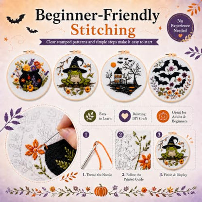 vadeny Halloween Embroidery Cross Stitch Kit for Beginners Adults Gothic Needlepoint DIY Craft Frog Haunted House Cauldron Bat Pattern 4 Set Sewing Hanging Decor with Needles Threads