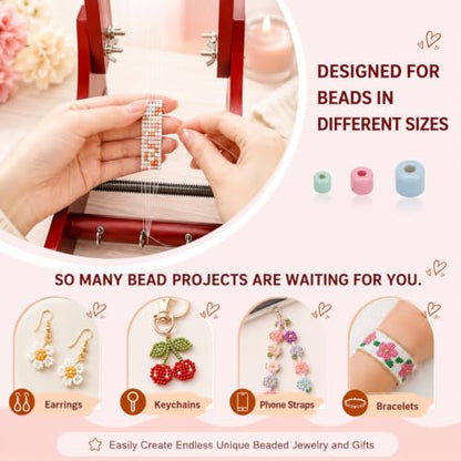 Adjustable Standing Bead Loom, Wood Beading Loom Kit with 4 Length Options, Ergonomic Angled Design, Work Area 7.5" to 10.5", Full Size 7" x 14" x 10", Includes Threader & Brush, for Jewelry & Crafts