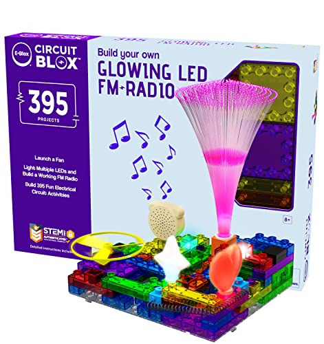 E-BLOX Build Your Own Glowing LED FM Radio Kit, 395 Fun STEM Electrical Science Projects, Building Blocks Circuit Toy Set for Kids, Birthday Gift, Boys, Girls, 8+ - style: Glowing LED FM Radio
