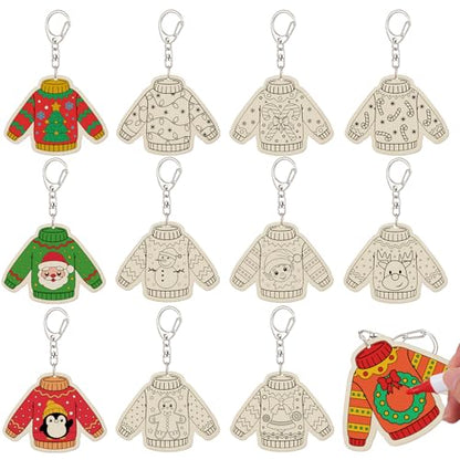 Trnayi 36 Pcs Christmas Ugly Sweater Wood Keychain DIY Craft - style: Ugly Sweater