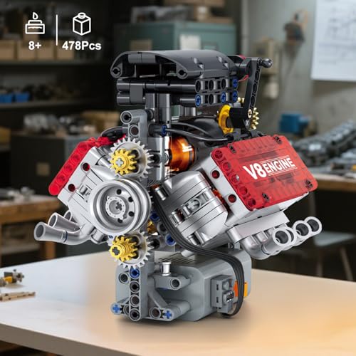 WINGIFT V8 Engine Building Set,V8 Engine Model kit that Run,Build Your Own STEM Mini V8 Model Engine Kit with Battery and Motor,8-Cylinder Car Engine Building Engineering Toys for Kids Adults(478PCS)