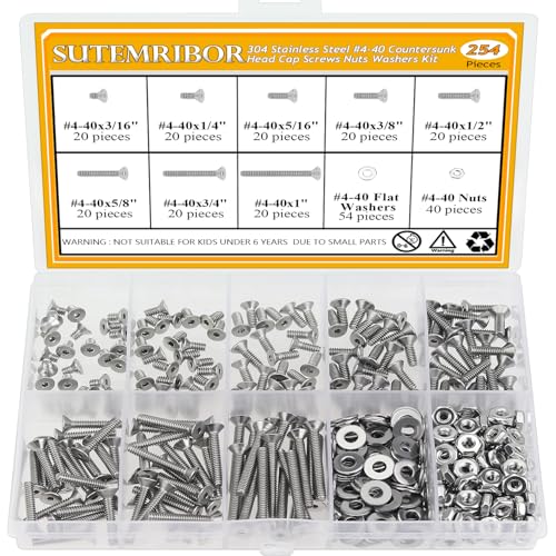 254 Pieces #4-40 x 3/16", 1/4", 5/16", 3/8", 1/2", 5/8", 3/4", 1", Countersunk Head Socket Cap Screws Nuts Washers Assortment Kit - size: #4-40, style: Countersunk Head Socket Cap
