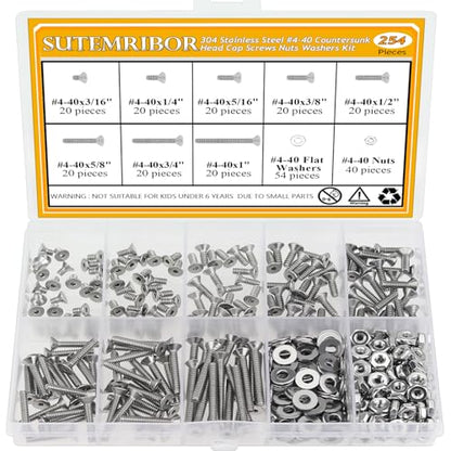 254 Pieces #4-40 x 3/16", 1/4", 5/16", 3/8", 1/2", 5/8", 3/4", 1", Countersunk Head Socket Cap Screws Nuts Washers Assortment Kit - size: #4-40, style: Countersunk Head Socket Cap
