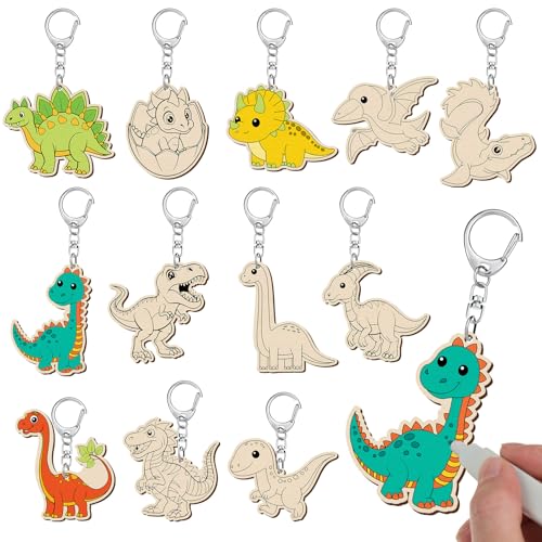 Trnayi 36 Pcs Dinosaur Unfinished Wood Keychain DIY Craft - style: Dinosaur