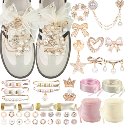 DoDoBeads 68 Pcs Shoe Charms for Sneakers, Elegant Sneaker Charms Kit with Pearls, Crowns, Ribbons & Satin/Lace Shoelaces, Sock Charm for Women, DIY Shoe Lace Decorations - style: Royal Pearl