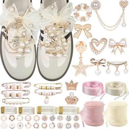 DoDoBeads 68 Pcs Shoe Charms for Sneakers, Elegant Sneaker Charms Kit with Pearls, Crowns, Ribbons & Satin/Lace Shoelaces, Sock Charm for Women, DIY Shoe Lace Decorations - style: Royal Pearl