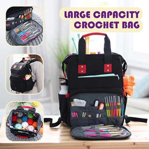 Crochet Kit for Beginners Adults and Kids - Beginner Crochet Kit for Adults with Step-by-Step Video Tutorials, Amigurumi and Crocheting Kit, Crochet Starter Kit with Crochet Yarn and Crochet Backpack - color: Black, style: Crochet Kit + Bag