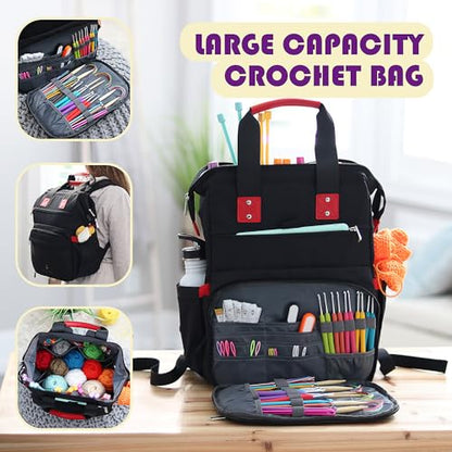 Crochet Kit for Beginners Adults and Kids - Beginner Crochet Kit for Adults with Step-by-Step Video Tutorials, Amigurumi and Crocheting Kit, Crochet Starter Kit with Crochet Yarn and Crochet Backpack - color: Black, style: Crochet Kit + Bag