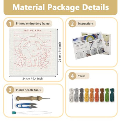 DOODLREAM Cartoon Elephant DIY Punch Needle Embroidery Kit for Adult Beginner, 9.4" Sunset Glow Animal Punch Stitching Craft Set for Starter with Frame,Fabric Pattern,Threader, Yarn, Pinch Needle - color: Elephant
