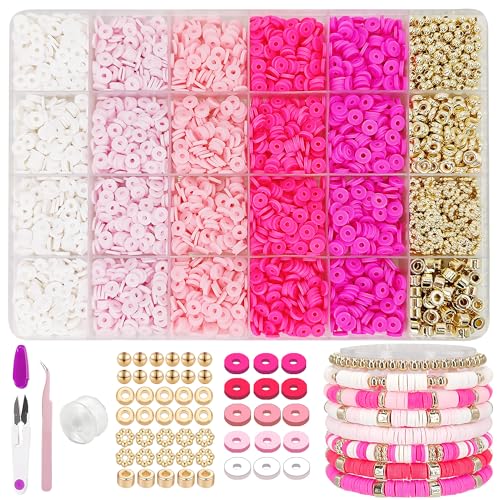 MIIIM Pink Clay Bead Bracelet Kit, Heishi Beads, Flat Clay Beads and Gold Spacer Beads for Jewelry Making, Friendship Bracelet Beads Kit for Crafts, Concert, Raves, Gifts - color: Pink