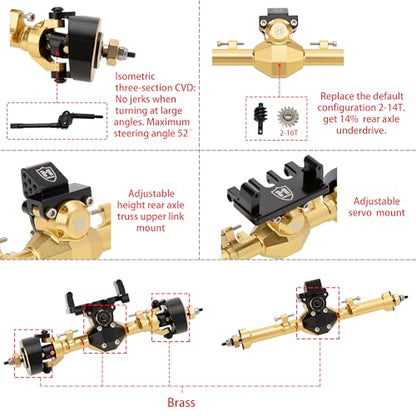 MEUS Racing Isokinetic 3-Section CVD Front and Rear Axles Maximum Steering Angle 52° Wider +5MM for Axial SCX24 Deadbolt C10 JLU Gladiator Bronco 1/24 RC Crawler Upgrade Parts (Anodized Gold) - color: Gold