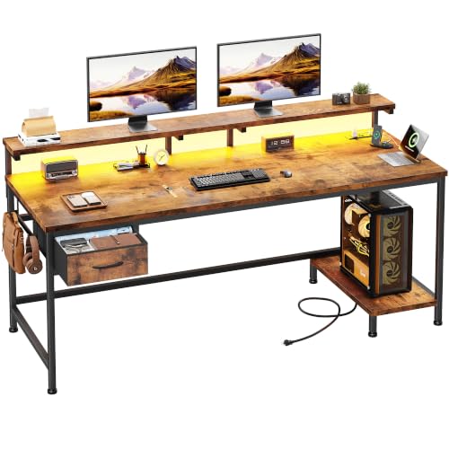 DurayLoly 55" Office Desk with Power Outlet & Fabric Drawer,Rustic Brown - color: Rustic Brown, size: 55 IN