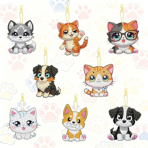 8 PCS Diamond Art Keychain Kits for Kids, DIY Diamond Painting Crafts, Beginner Art Kit, Arts & Crafts Gift for Ages 8–12 - color: Cats & Dogs