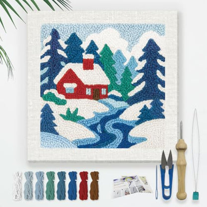DOODLREAM Snow Scenery Winter Punch Needle Kit for Beginner 9.4" x 9.4" - color: Snow Scenery