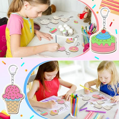 Trnayi 36 Pcs Dessert Unfinished Wood Keychain Color Your Own DIY Craft - style: Ice Cream