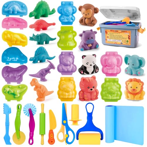Dough Play Tools Sets for Kids, 22pcs Clay and Dough Accessories for Toddlers with Storage Box, Silicone Mat, Rolling Pins, Safety Scissors, Mini Knife,3D Dino & Animal Molds, Gift for Boys Girls