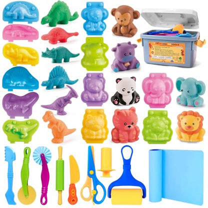 Dough Play Tools Sets for Kids, 22pcs Clay and Dough Accessories for Toddlers with Storage Box, Silicone Mat, Rolling Pins, Safety Scissors, Mini Knife,3D Dino & Animal Molds, Gift for Boys Girls