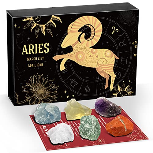 Aries Crystals Gift Set, Zodiac Signs Healing Crystals Birthstones with Horoscope Box Set Aries Astrology Crystals Healing Stones Gifts - color: Aries