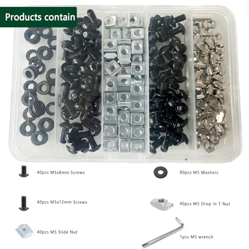 240pcs M5 T-Nuts Screws Kit for 2020 2040 8020 Series Aluminum Extrusion,40Pcs M5x8,40Pcs M5x12 Hexagon Socket Screws,40Pcs M5 T Sliding Nut,40Pcs M5 T Nut,80Pcs Washers - style: 240pcs 20 Series Screws Kit Black