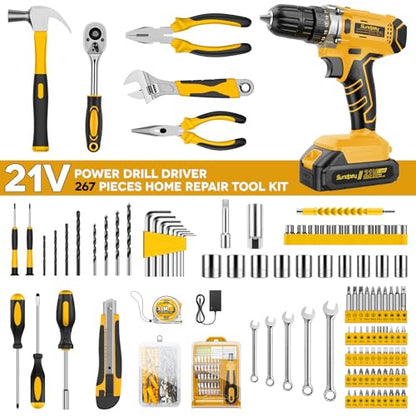 Sundpey 267 Pcs Tool Kit Set for Home with 21V Cordless Drill & Drawer Case