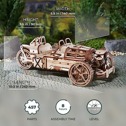 UGEARS Three-Wheeler UGR-S Motorcycle Model Wooden 3D Puzzles for Adults - Wooden Model Kits for Adults Motorcycle Gifts for Men Kit with Spring Motor, Functional Steering Chain Drive DIY Model