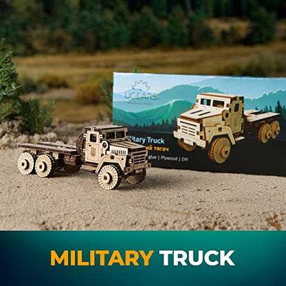 UGEARS Military Truck 3D Puzzle - Wooden Model Kit for Adults to Build - Mechanical Model Truck Car Making Kit - 3D Jigsaw Puzzle Wood Off-Road Car - DIY Brain Teaser Puzzle Construction Set
