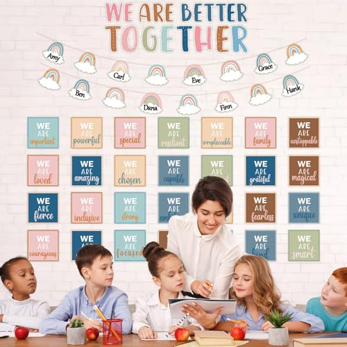 QOUBAI Boho Affirmation Station Bulletin Board Set Motivational Together We are Better Bulletin Board Inspirational Positive Sayings Cutouts Classroom Decor for Back to School Decor Wall Door - style: Boho Affirmation Station
