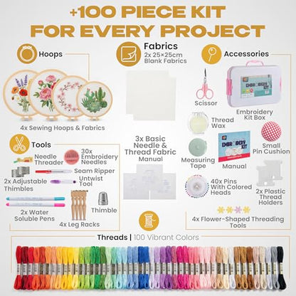 KEFF Craft Embroidery Kit for Beginners - 100 Embroidery Thread Colors, 4 Hoops, Scissors, Needles, Pins, Blank Fabrics & Tools – Cross Stitch Supplies, Cross Stitch Kits, Arts and Crafts for Adults