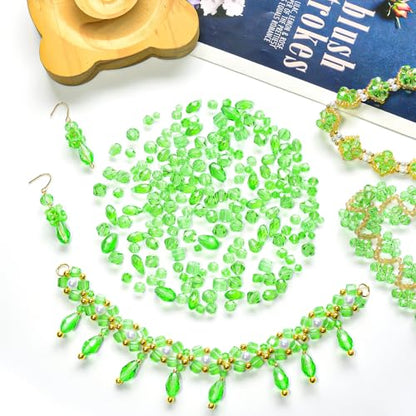 1500 Pcs Crystal Glass Beads for Jewelry Making – 12 Styles Bicone, Rondelle, Cube, Teardrop & 3mm Spacer Beads, DIY Bracelet Necklace Earring Craft Kit with Organizer Box(Green) - color: Green